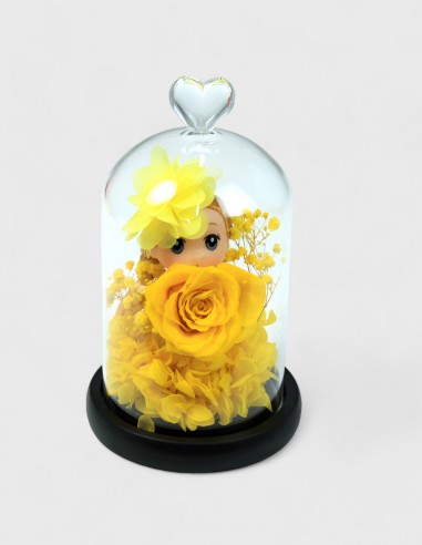 Cúpula de Cristal con Muñeca y Rosa