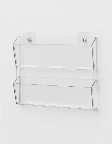 Expositor transparente de pared con 2 bandejas escalonadas para mostrar tarjetas de visita o folletos comerciales